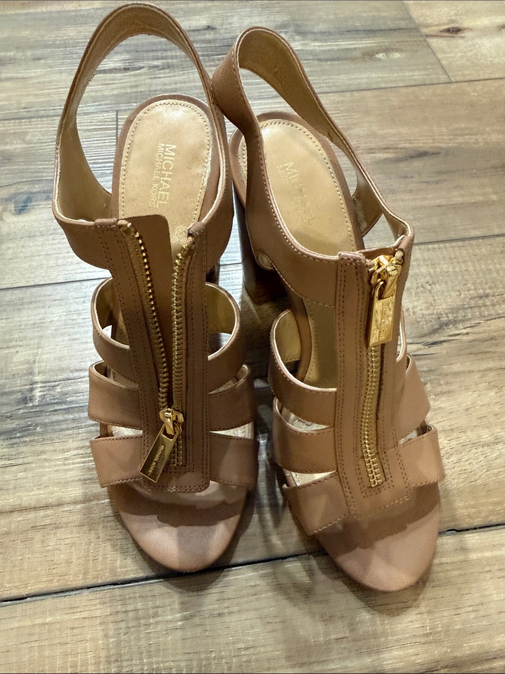 MICHAEL Michael Kors Tan Leather Zip-Front Slingback Heels